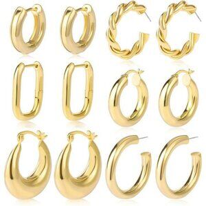 Chunky gold hoop earrings set 6 pairs 14k plated hypoallergenic huggie